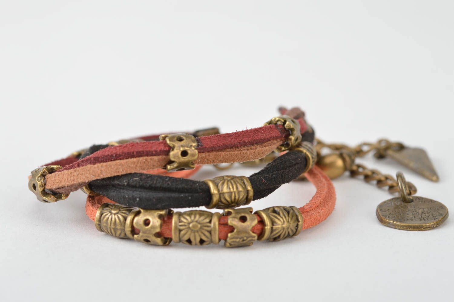 Set of 3 handmade designer woven suede cord bracelets with charms  photo 5