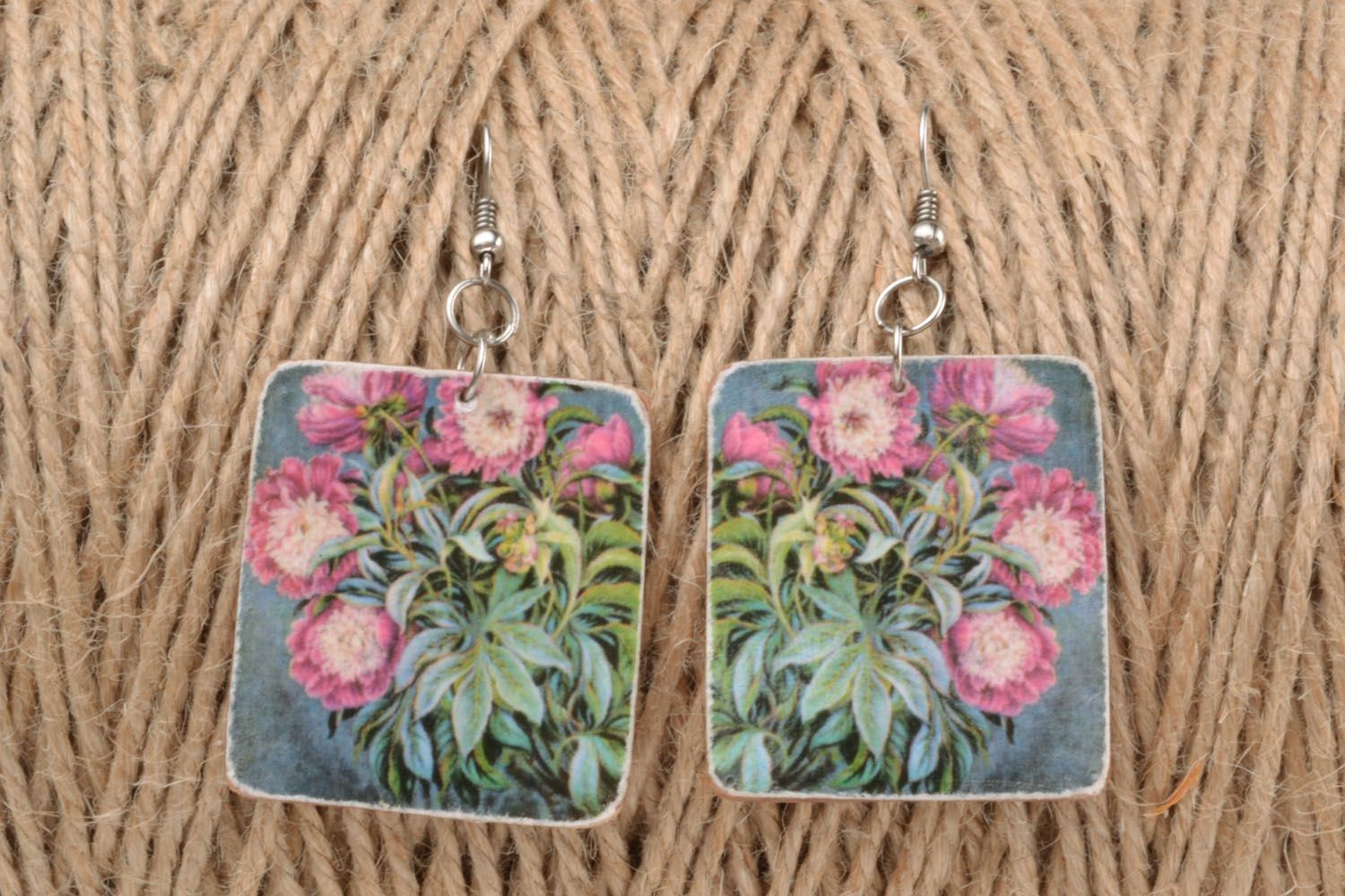 Square earrings made of polymer clay Peonies photo 1