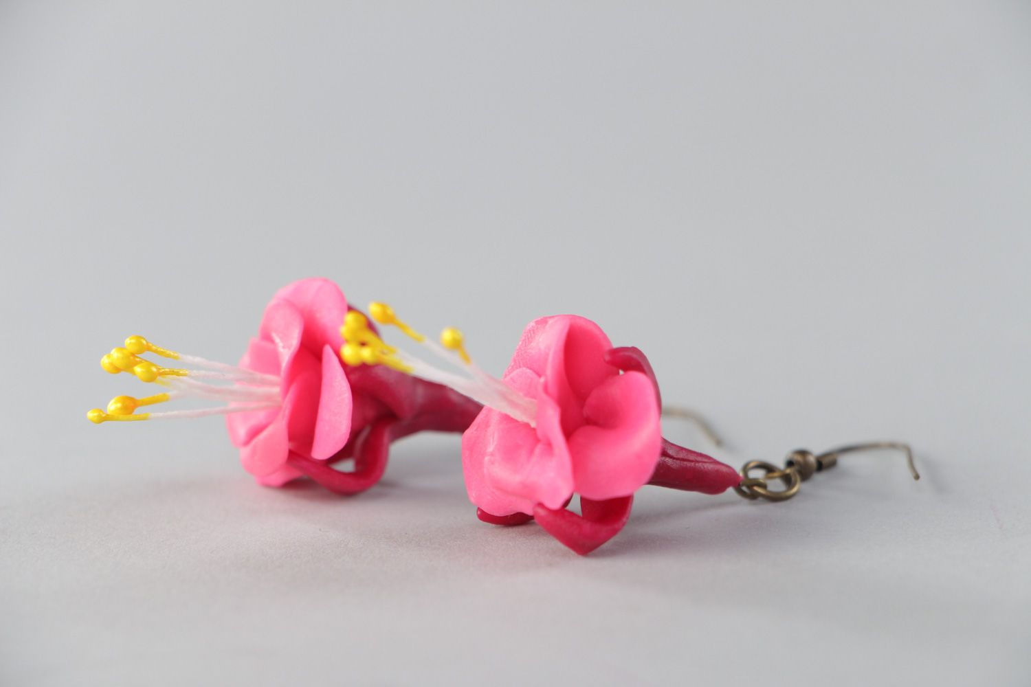 Bright pink handmade floral dangle earrings molded of polymer clay for women photo 4