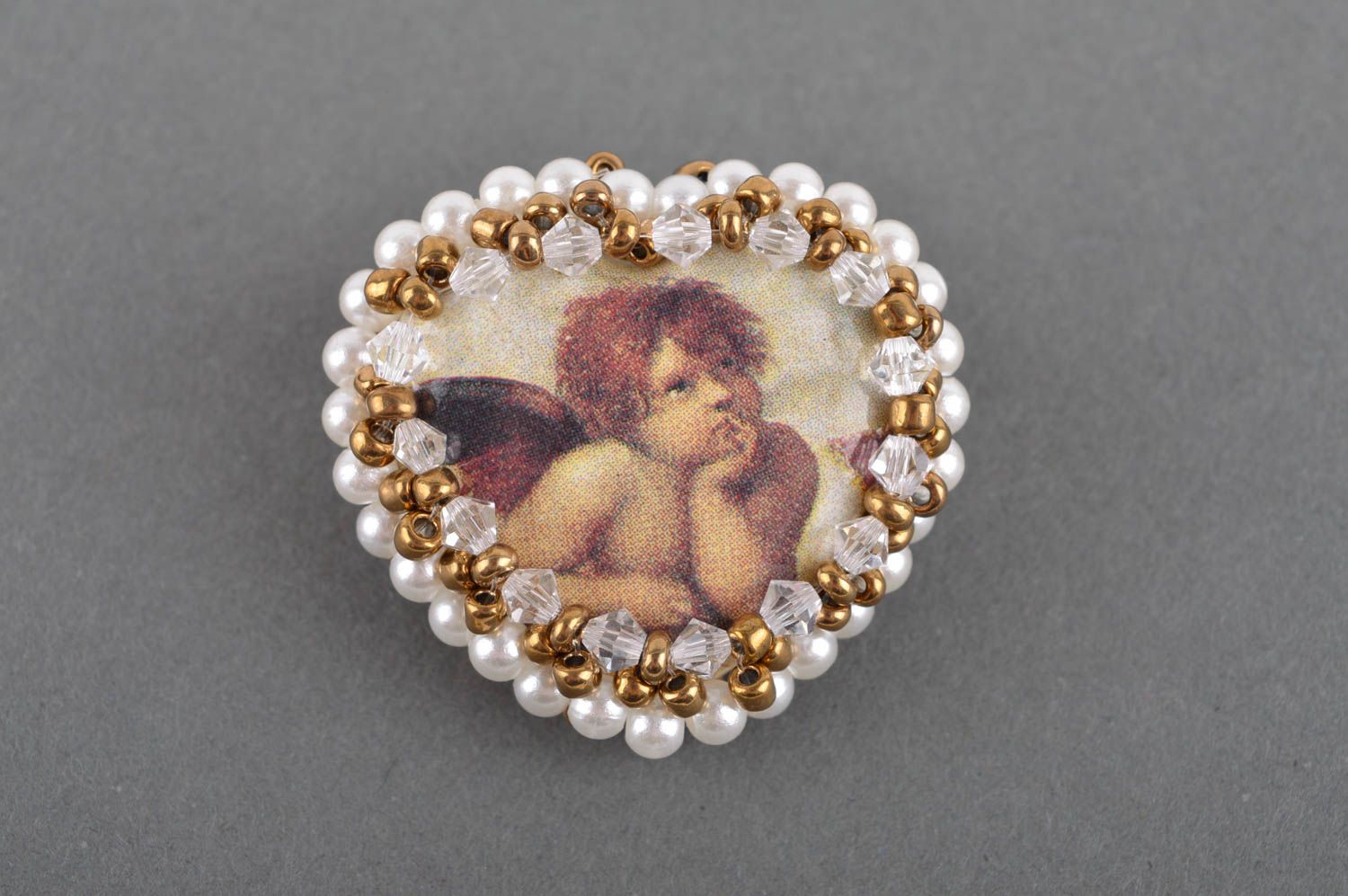 Broche coeur avec ange Bijou fait main plâtre perles de rocaille Cadeau femme photo 2