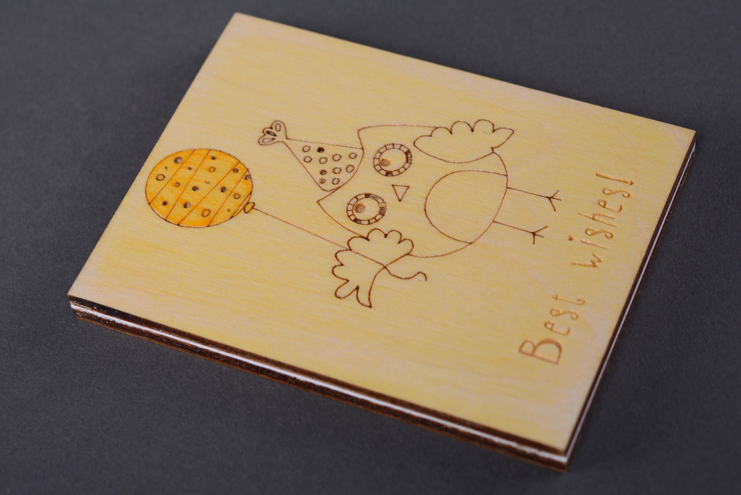Belle carte de voeux en bois faite main originale jaune avec hibou Best wishes photo 3