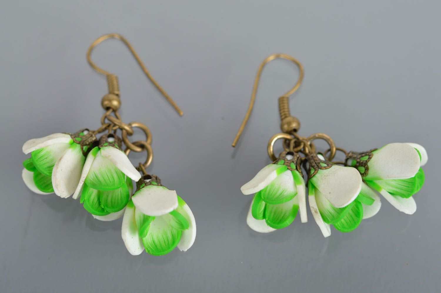 White and green handmade designer plastic flower earrings unusual jewelry photo 2