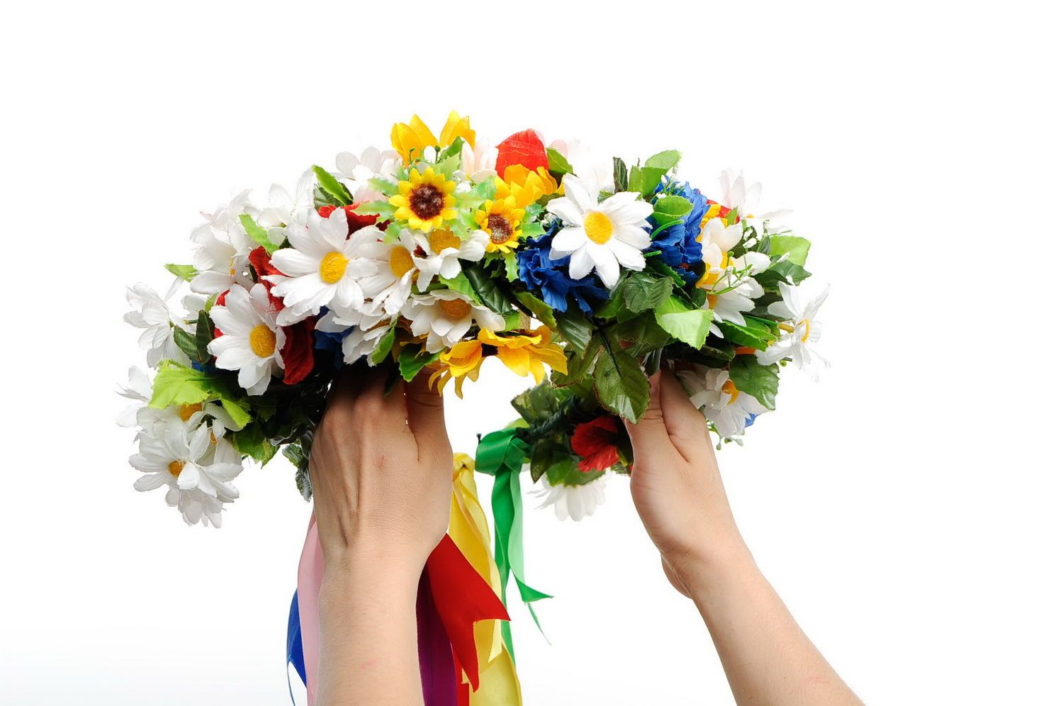Couronne de fleurs avec fleurs artificielles et rubans photo 5