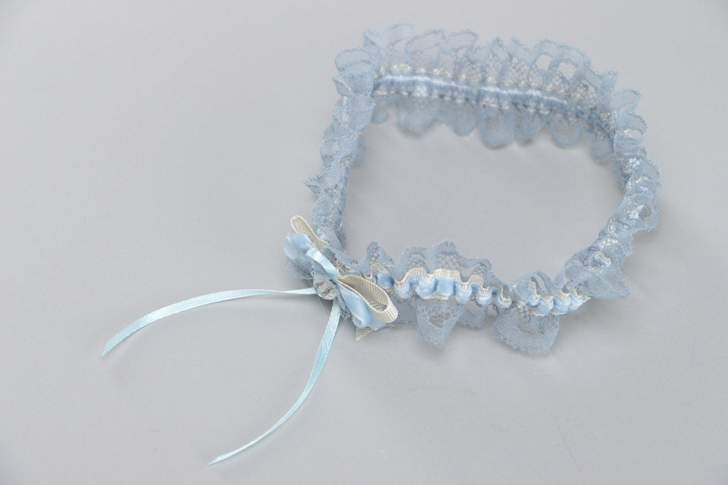 Tender blue handmade wedding bridal garter with lace and rep and velor ribbons photo 3