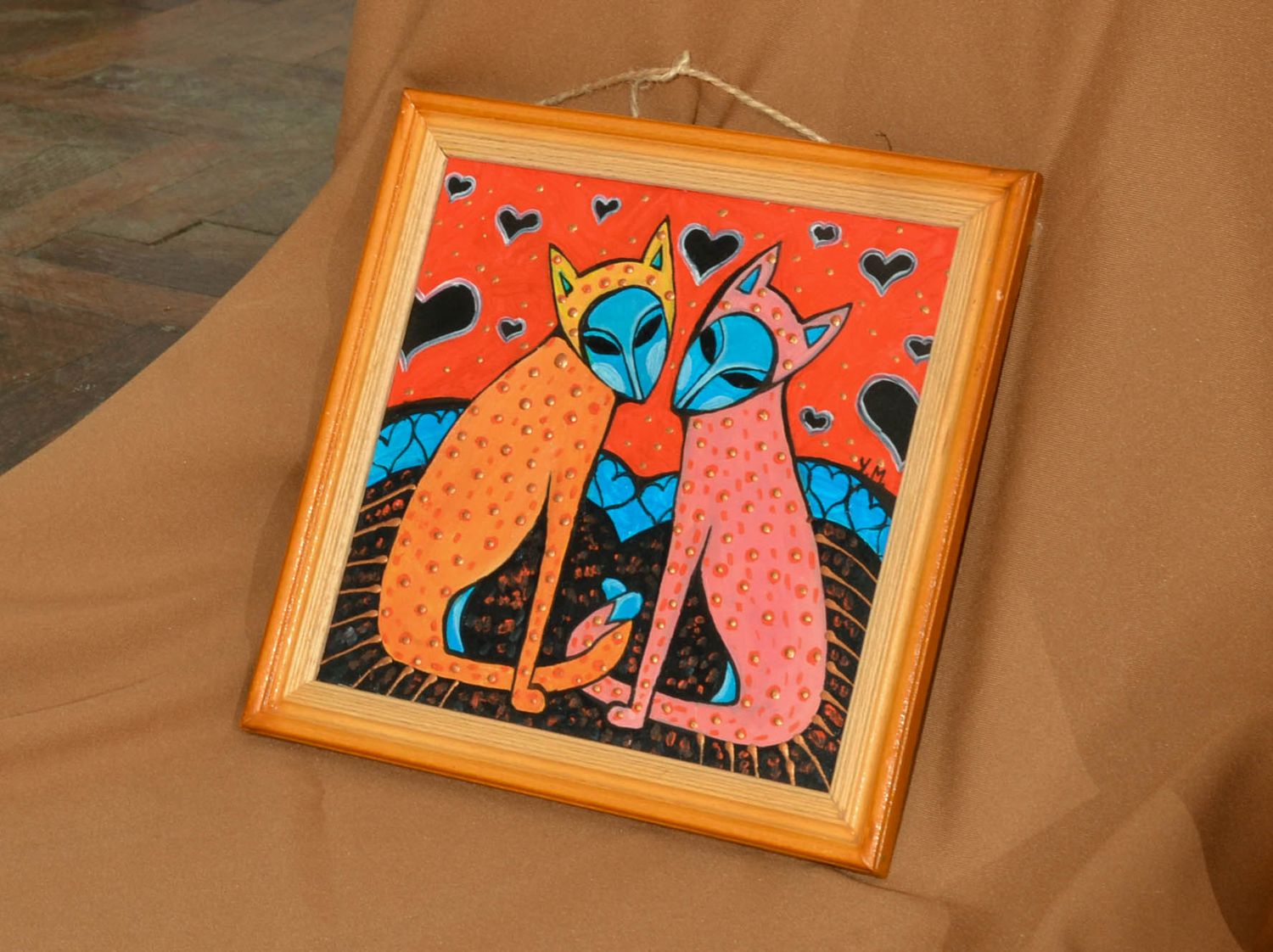 Wandbild im Holzrahmen mit Acrylfarben gemalt, außerirdische Katzen  foto 1