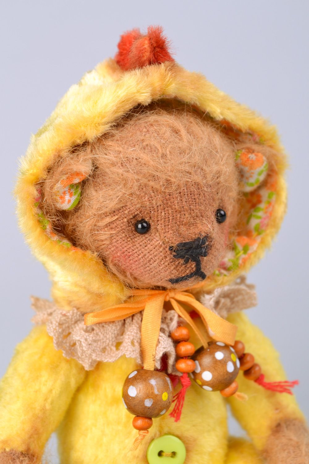 Handmade vintage designer soft plush toy Bear in costume of chicken photo 3