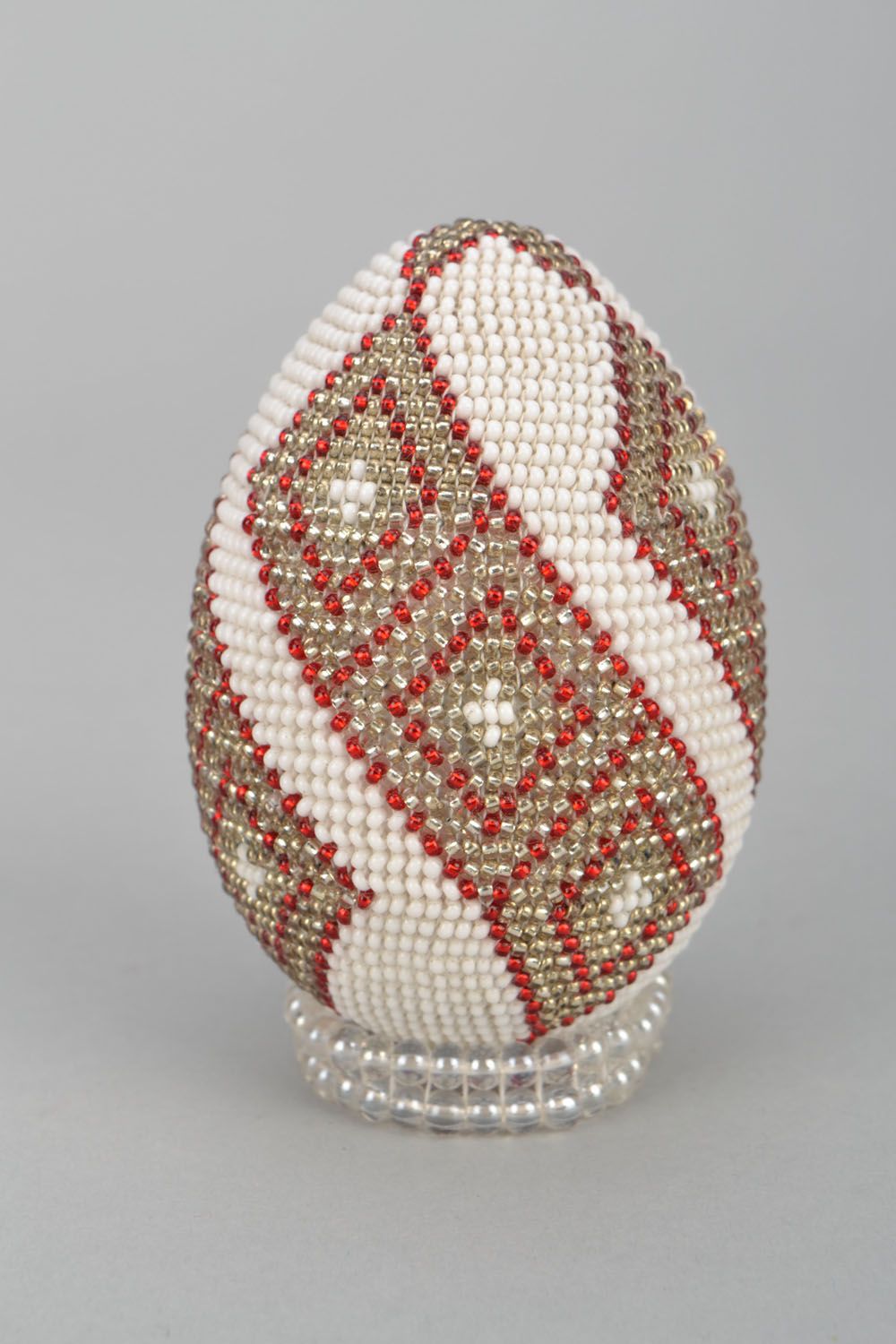 Wooden Easter egg woven over with beads Rhombs photo 1