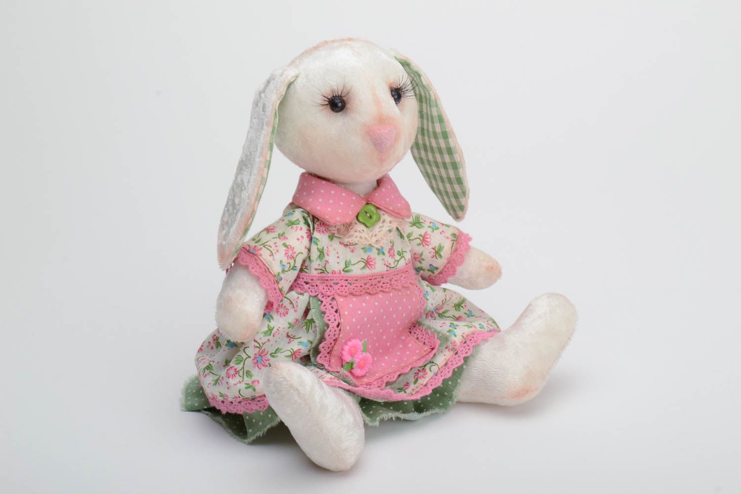 Handmade designer cotton and plush soft toy rabbit in pink floral dress for kids photo 2