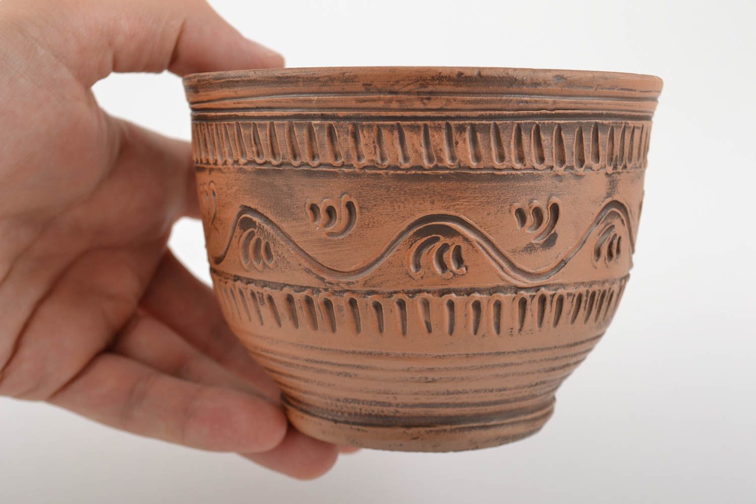 Handmade designer deep clay bowl with patterns 500 ml photo 1