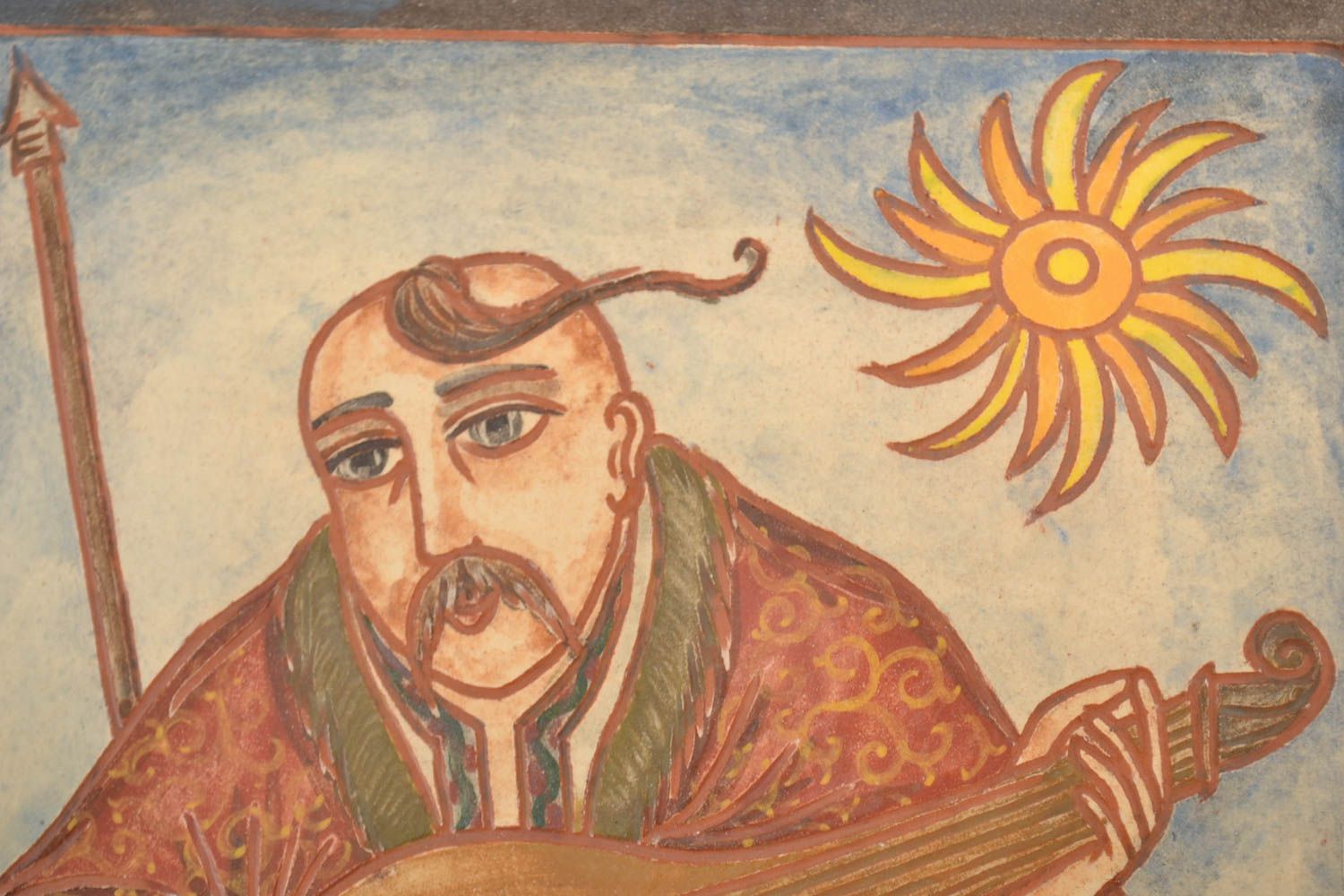 Azulejo cerámico pintado con engobes artesanal con imagen de cosaco Mamai foto 3