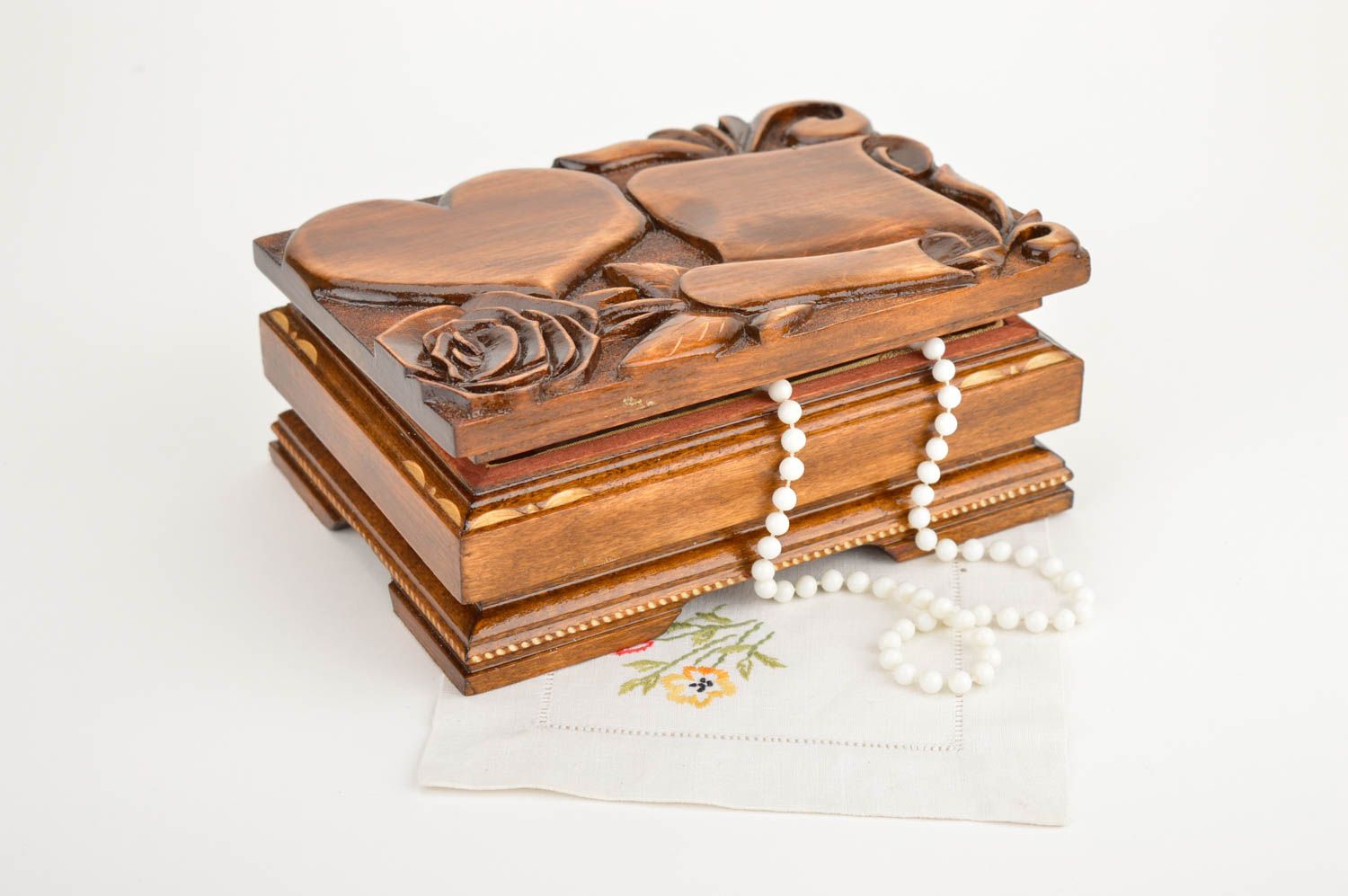 Boîte à bijoux en bois faite main rectangulaire avec rose Cadeau pour femme photo 1