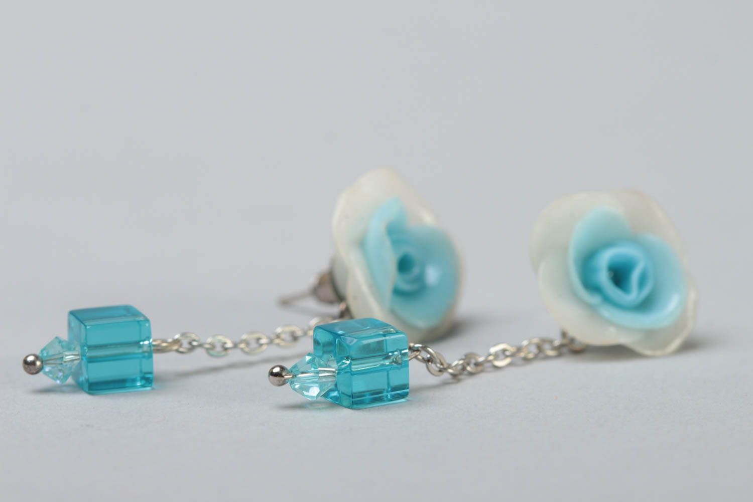 Handmade designer long polymer clay dangling earrings with blue white flowers photo 3