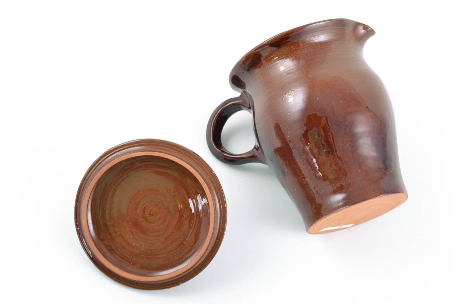 Handmade brauner Keramik Krug mit Deckel 1 L mit Glasur bemalt foto 4