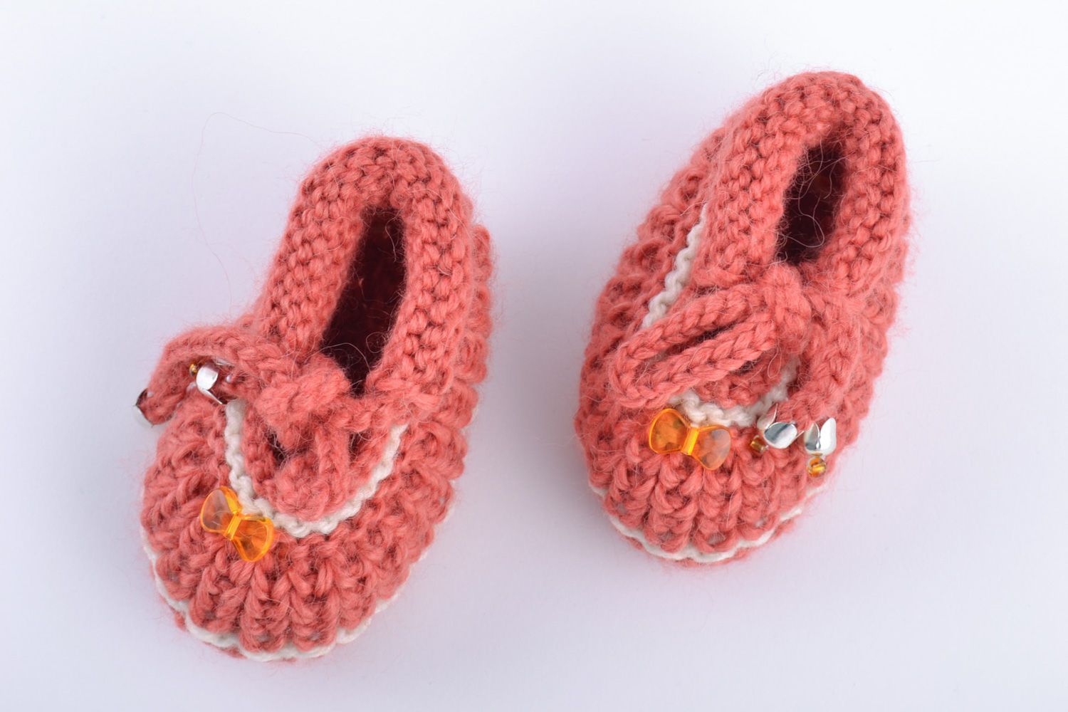 Handmade dark pink warm and soft baby booties knitted of wool for little girl photo 2