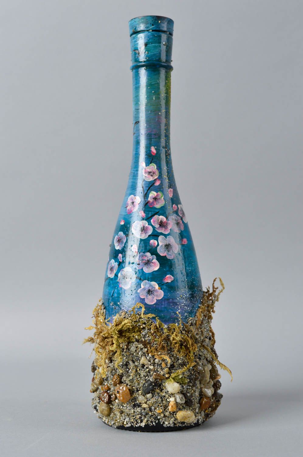 Стеклянная бутылка хэнд мэйд синяя с песком украшение для дома декор квартиры фото 3