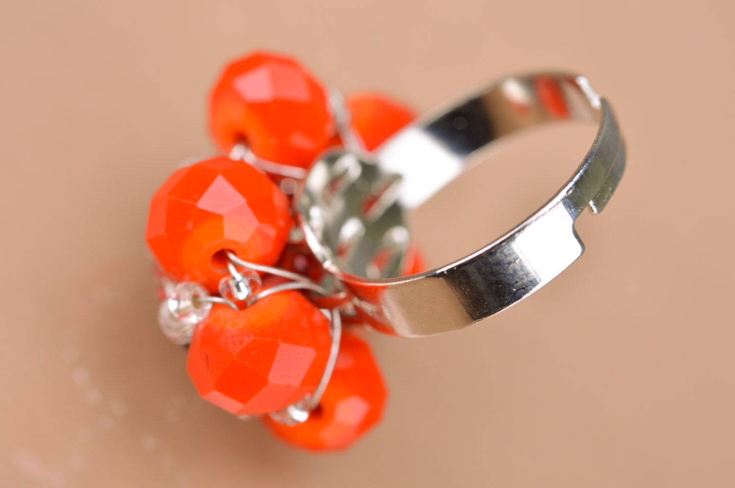 Handmade volume ring with red and white beads of different sizes for women photo 4