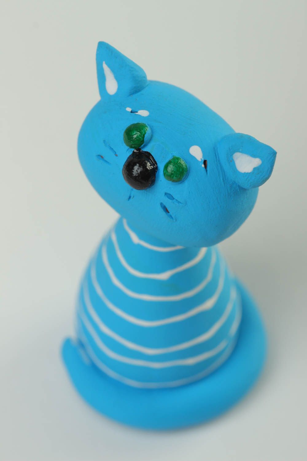 Statuette chat bleu faite main Figurine animal petite peinte rayée Déco maison photo 3