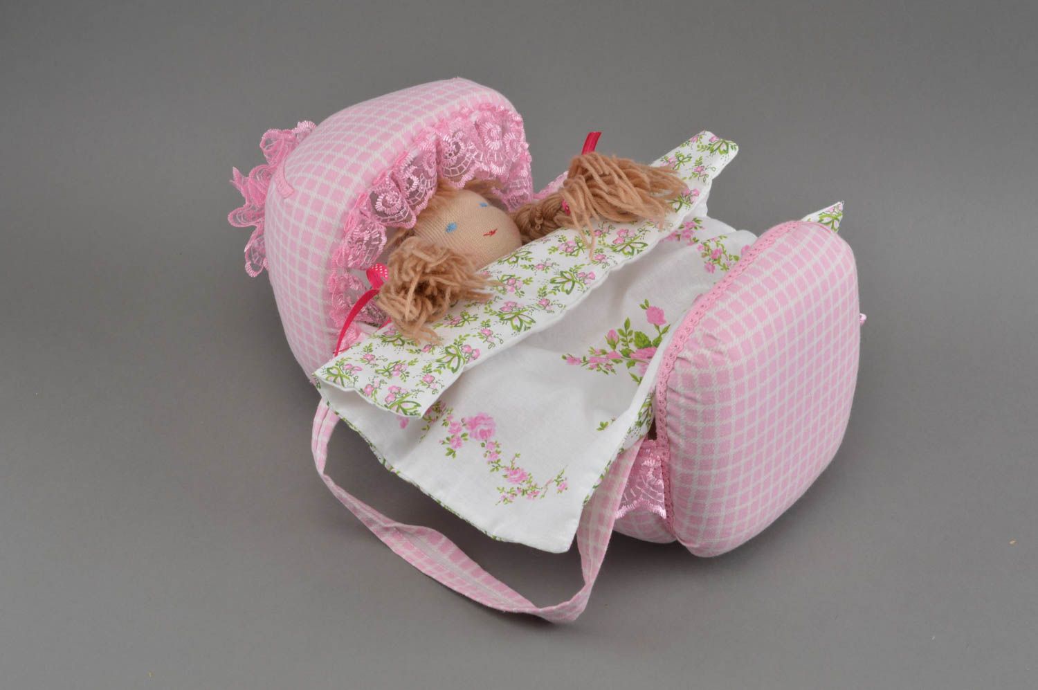 Handmade fabric toy doll in cradle stuffed toy in cradle nursery decor ideas photo 1