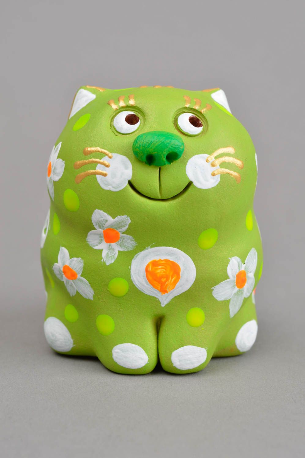 Sifflet jouet fait main Instrument de musique Figurine chat vert céramique photo 2