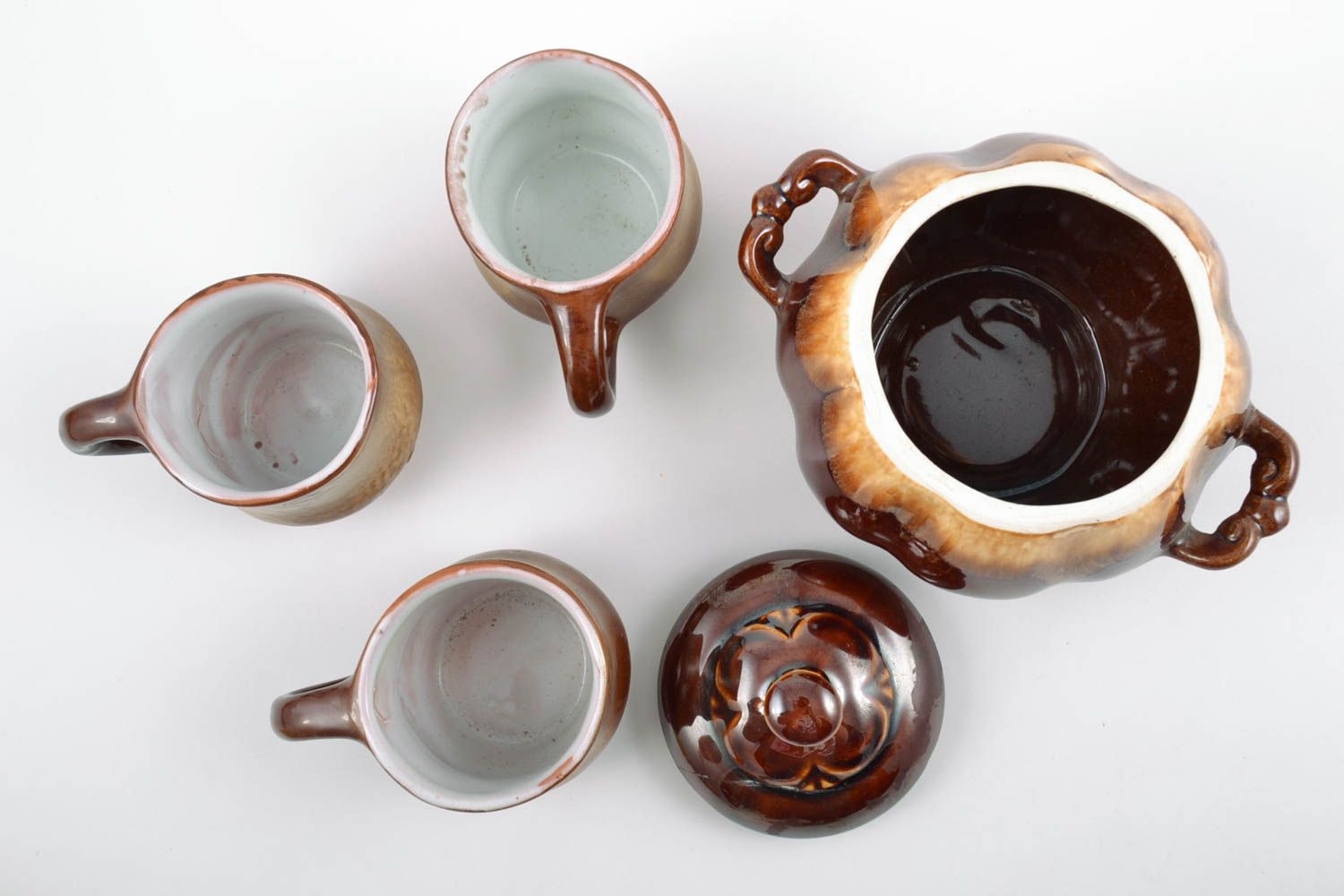 Handmade ceramic tea set glazed sugar bowl 350 ml and 3 cups 150 ml each photo 2