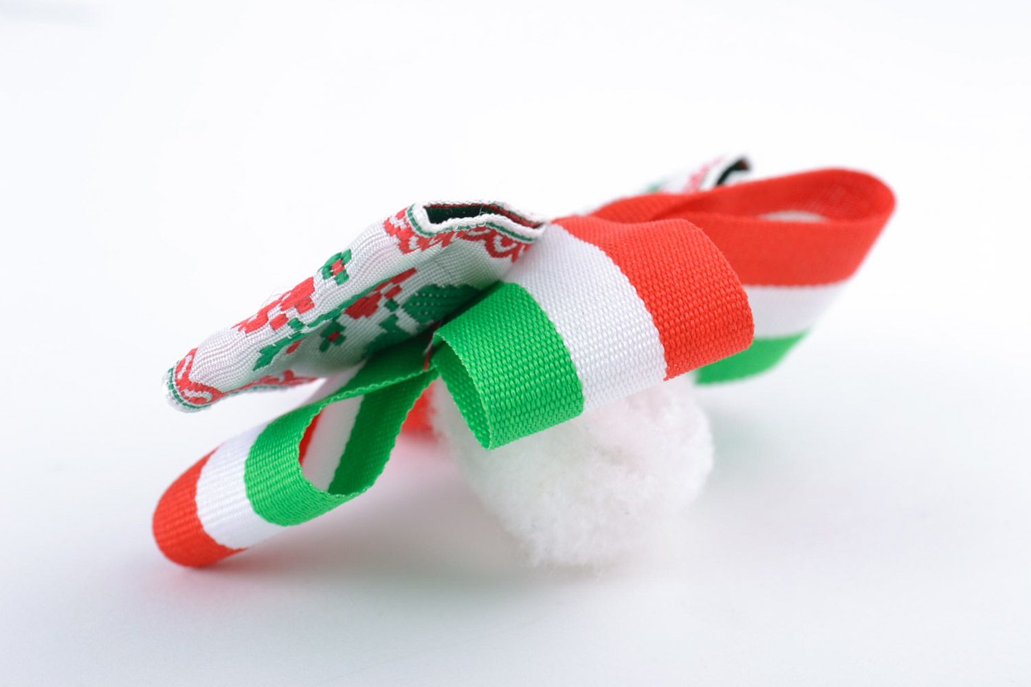 Handmade designer hair tie with ribbon bow of white green and red colors photo 5