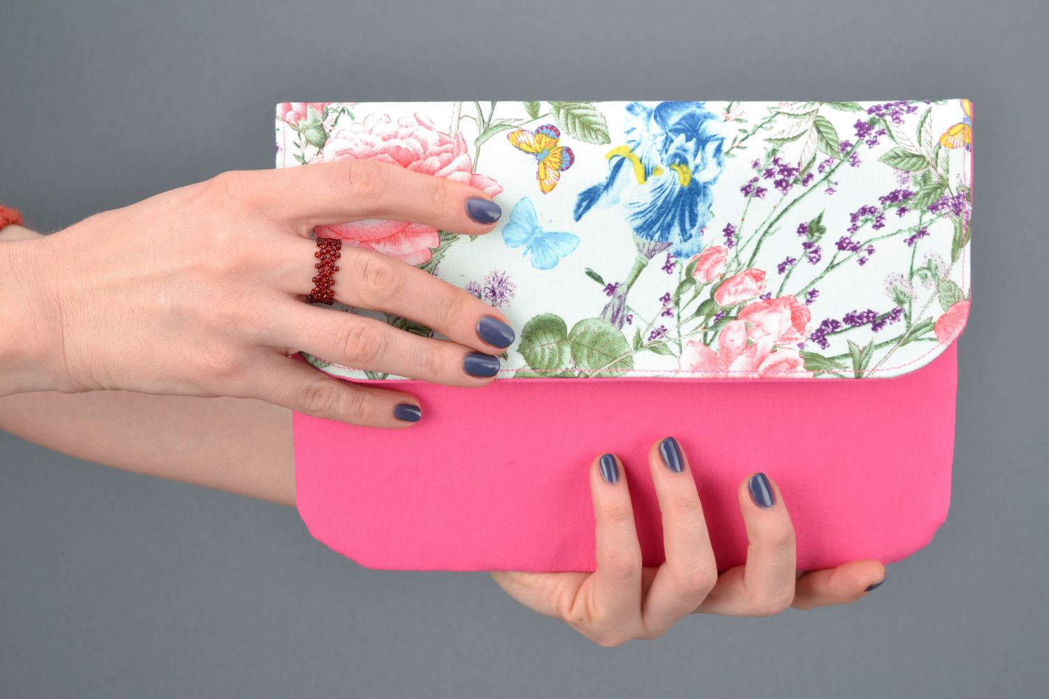 Handmade fabric clutch Roses and Butterflies photo 5