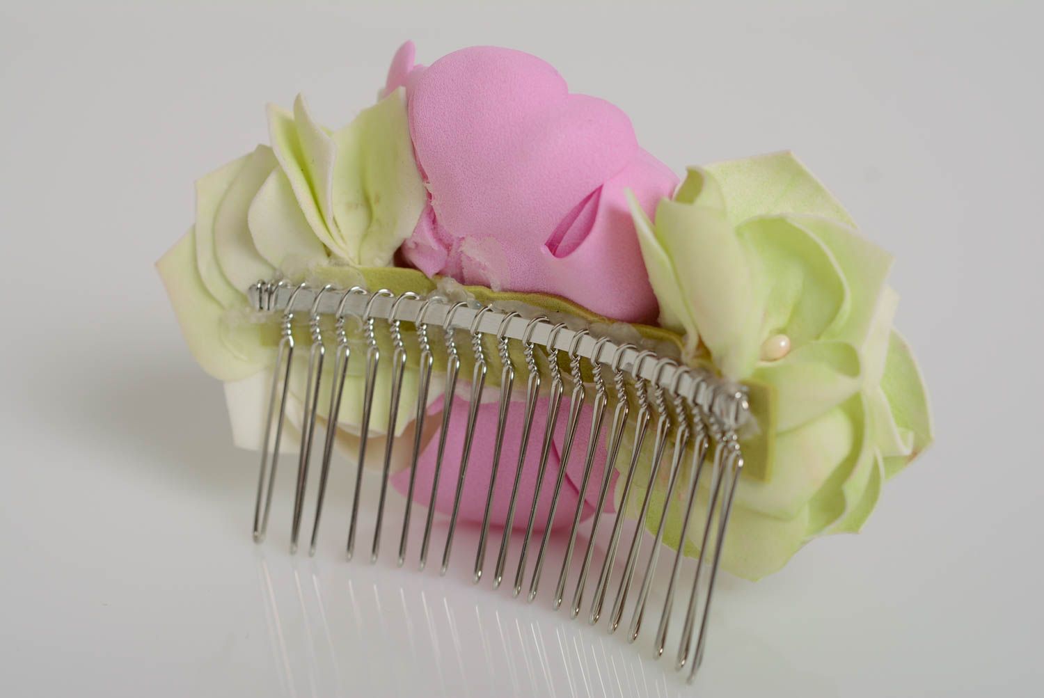 Comb for hair with foamiran flowers beautiful handmade designer accessory photo 3