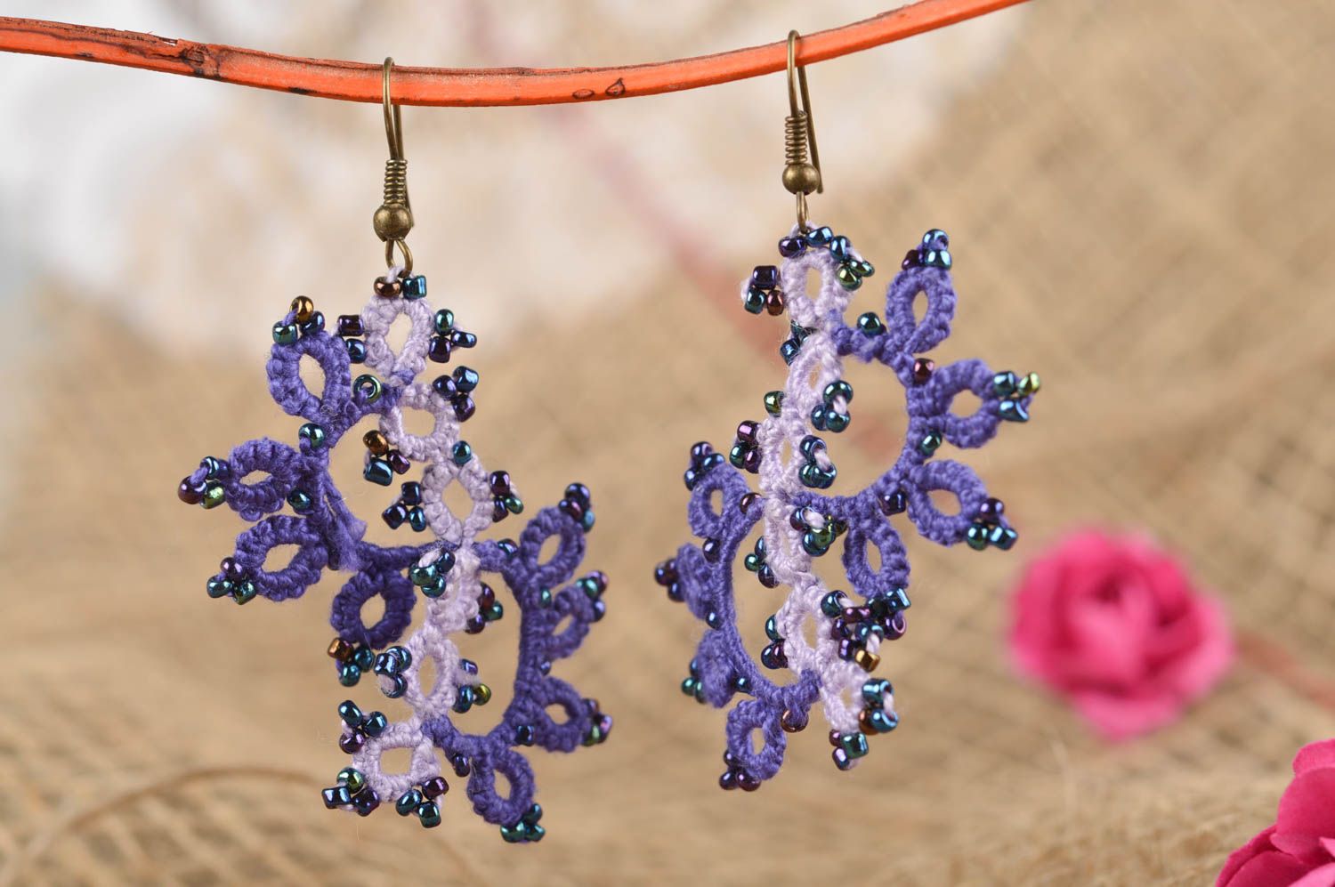 Unusual handmade woven thread earrings beaded earrings beautiful jewellery photo 1