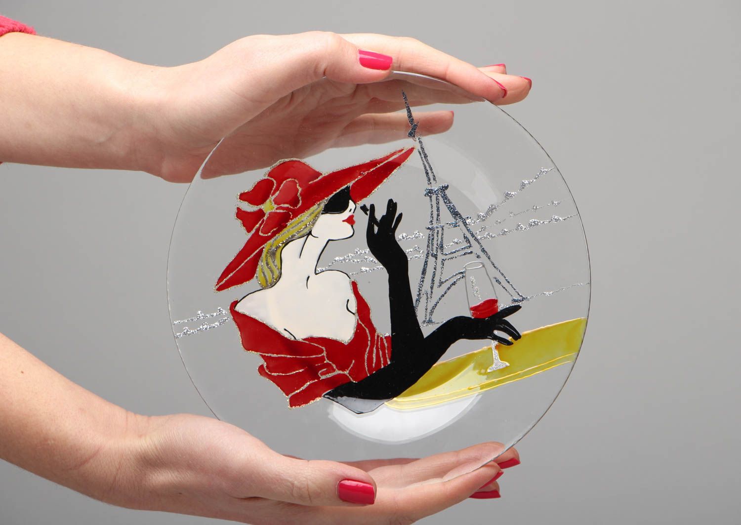 Teller aus Glas mit Buntglas Farben bemalt Pariserin foto 4