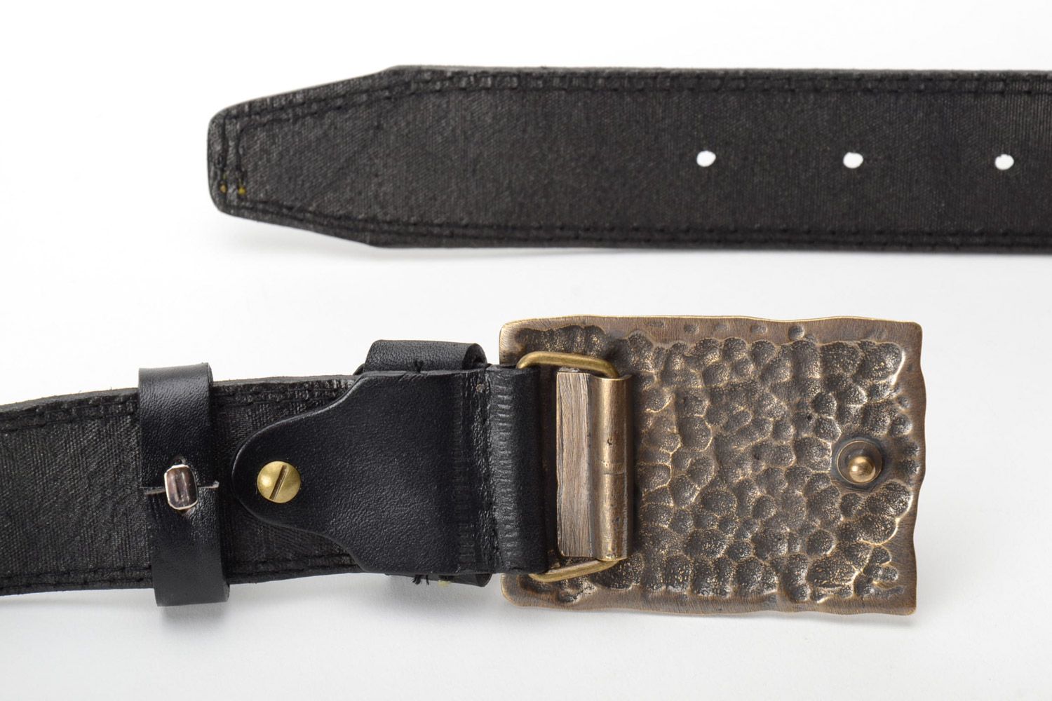 Handmade black men's genuine leather belt with brass buckle photo 3