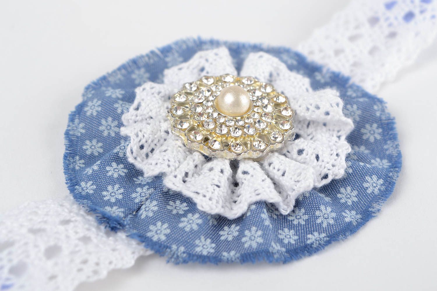 Handmade openwork headband fabric headband with flower lace headband  photo 1