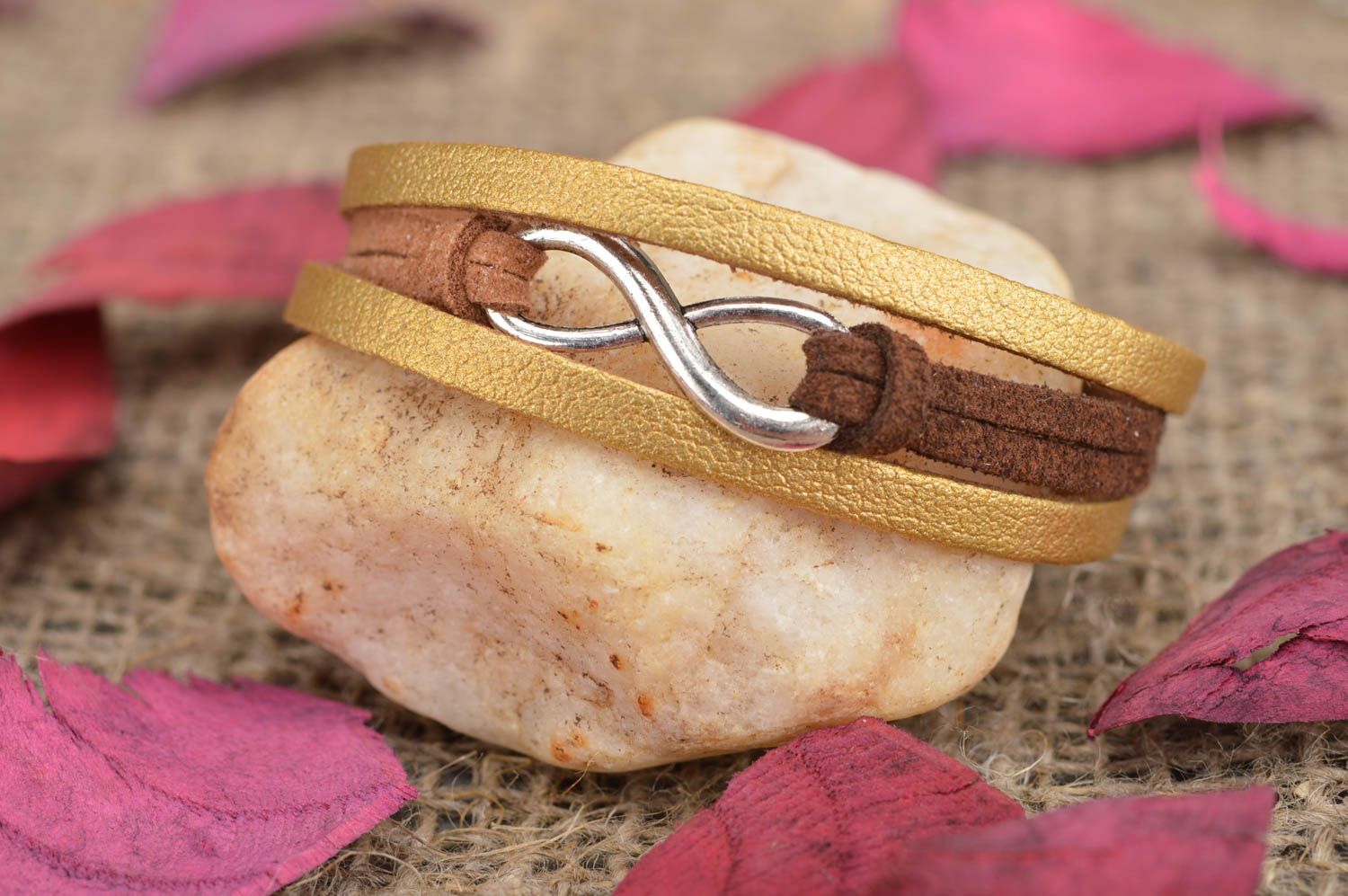 Handmade designer genuine leather and suede cords wrist bracelet brown and gold photo 1