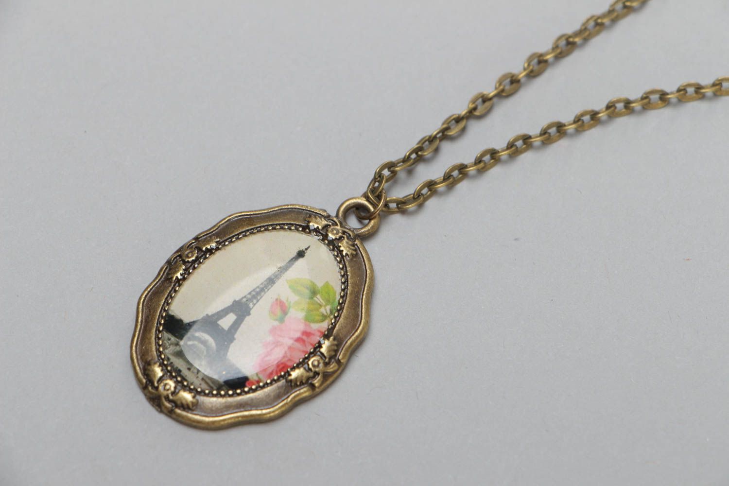Beautiful handmade oval glass glaze neck pendant with print photo 3