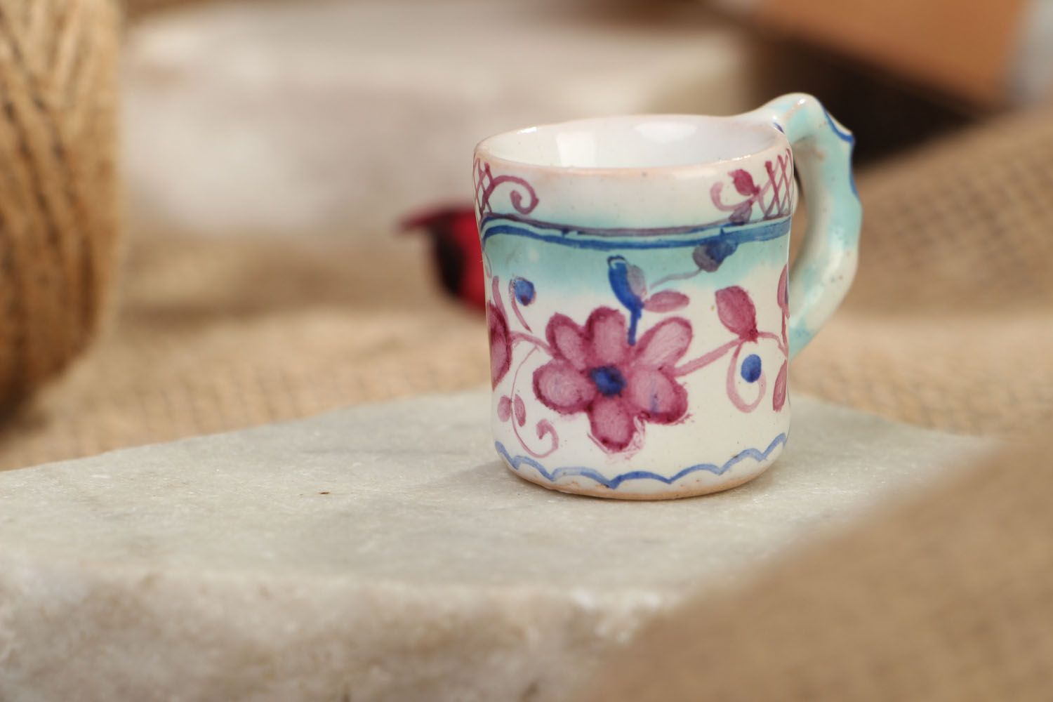 1 oz espresso decorative cup wth handle in white and blue color photo 5