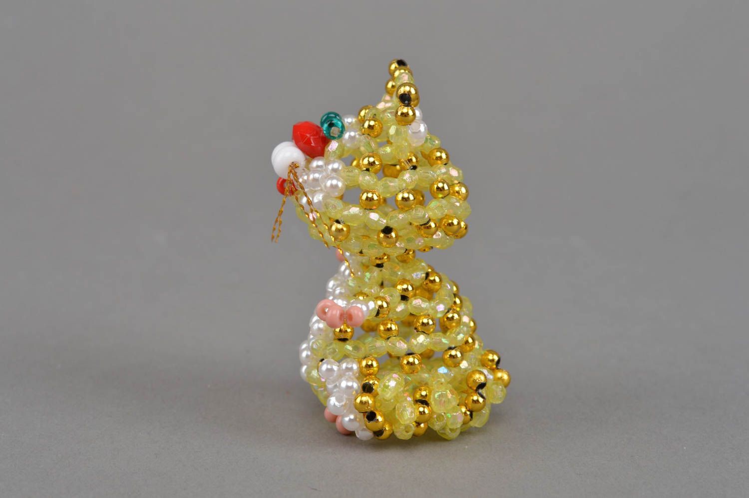 Joli chat en perles de rocaille figurine décorative faite main jaune blanc photo 4