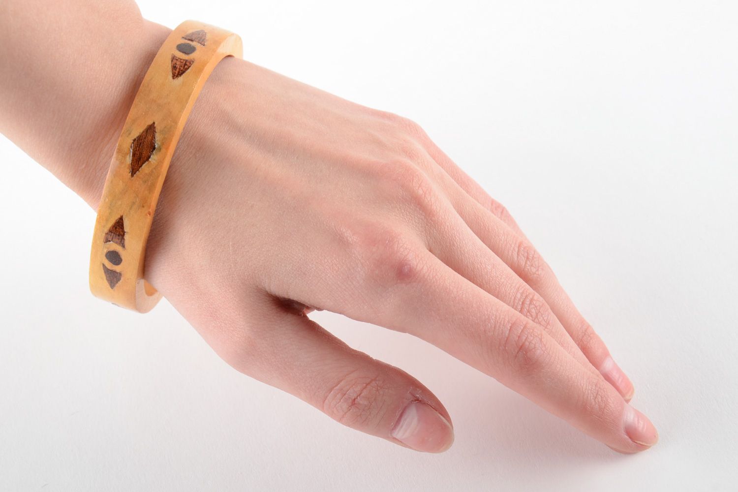 Thin light handmade varnished wooden wrist bracelet with inlay for women photo 6