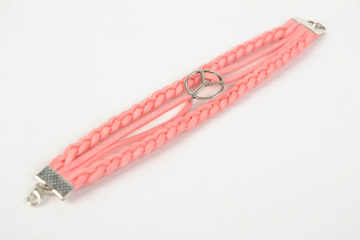 Bracelet en daim lacets tressés roses avec symbole de paix en métal fait main photo 5
