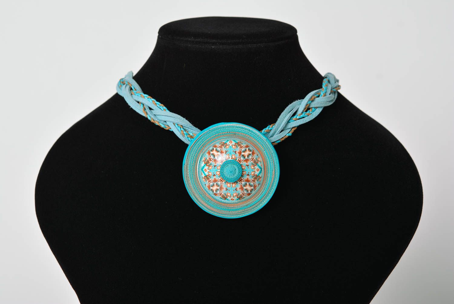 Set of handmade turquoise polymer clay jewelry 2 items necklace and earrings photo 5