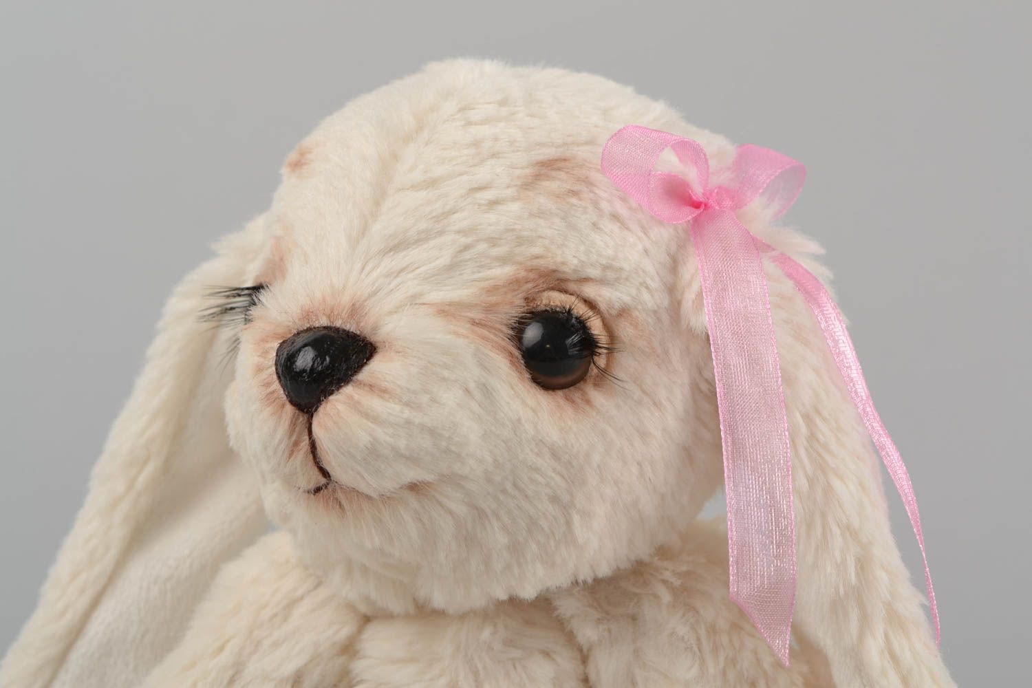 Handmade cute small faux fur soft toy light rabbit with pink organza bow photo 4