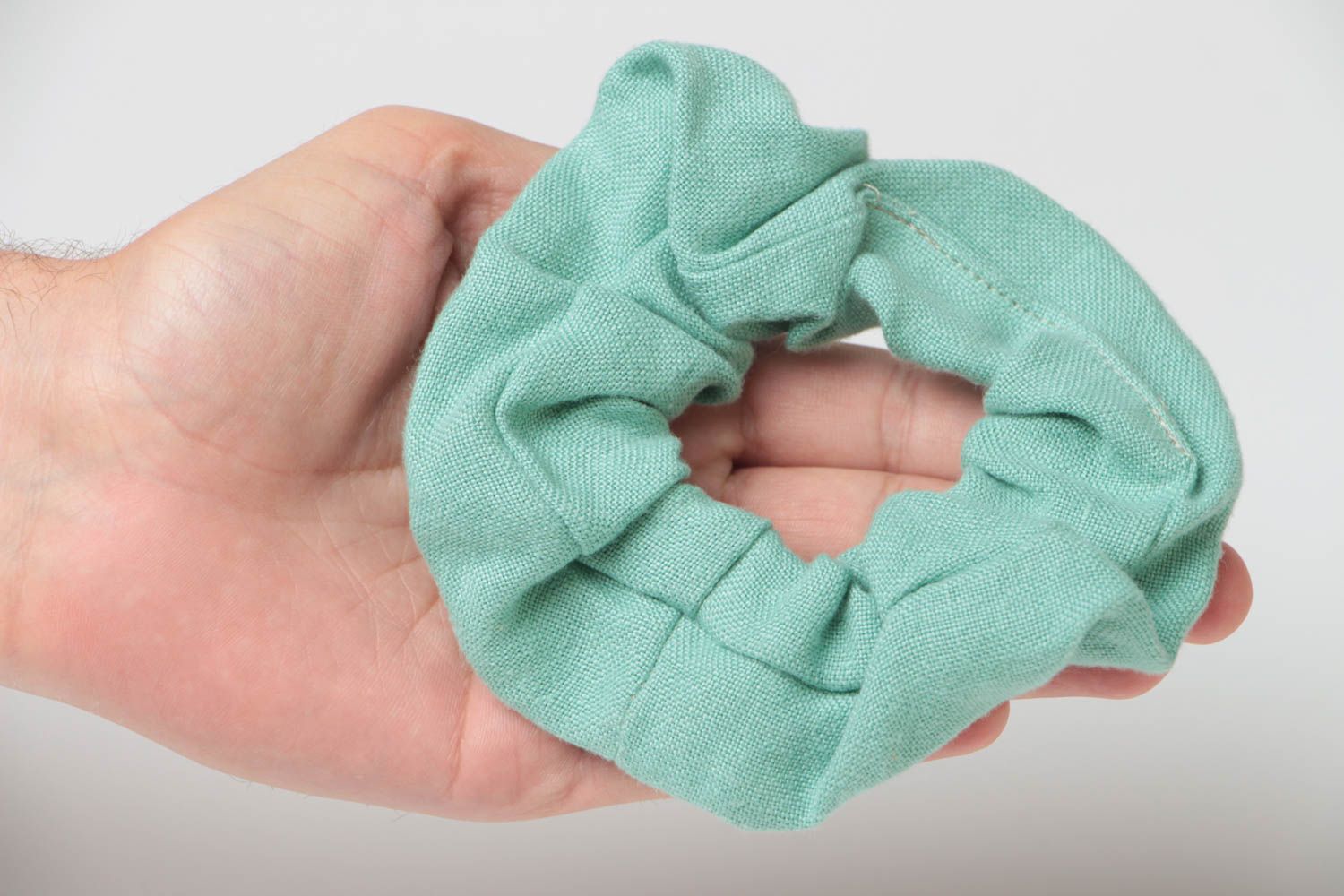 Unusual textile handmade linen fabric hair tie of mint color photo 5
