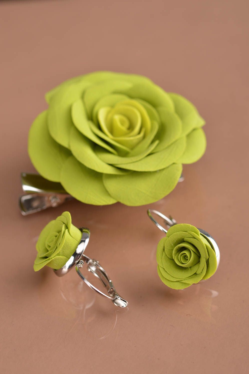 Handmade designer jewelry set polymer clay flower brooch and earrings Lime photo 2