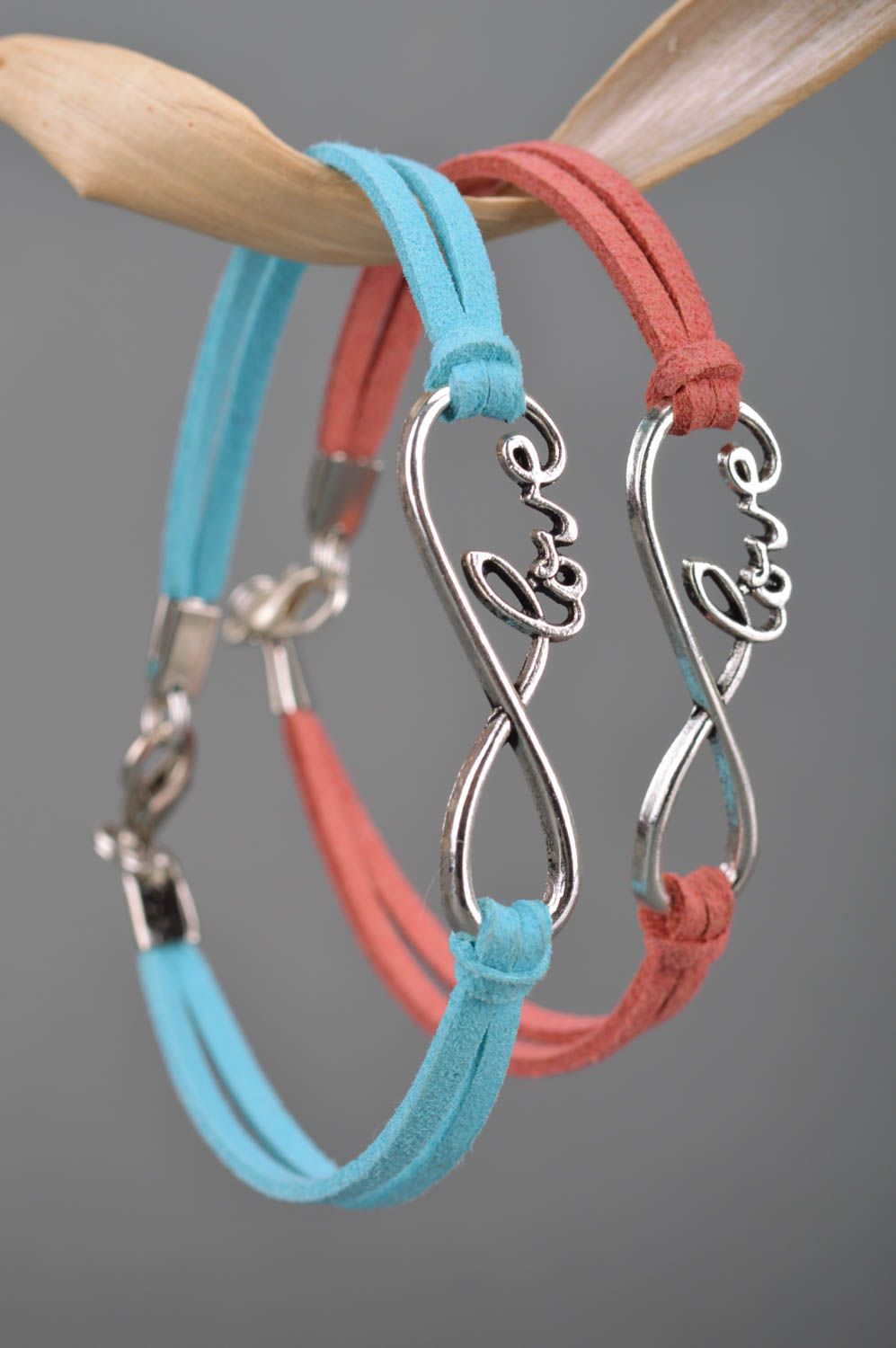 Set of 2 handmade designer suede cord colorful bracelets with metal inserts Love photo 3