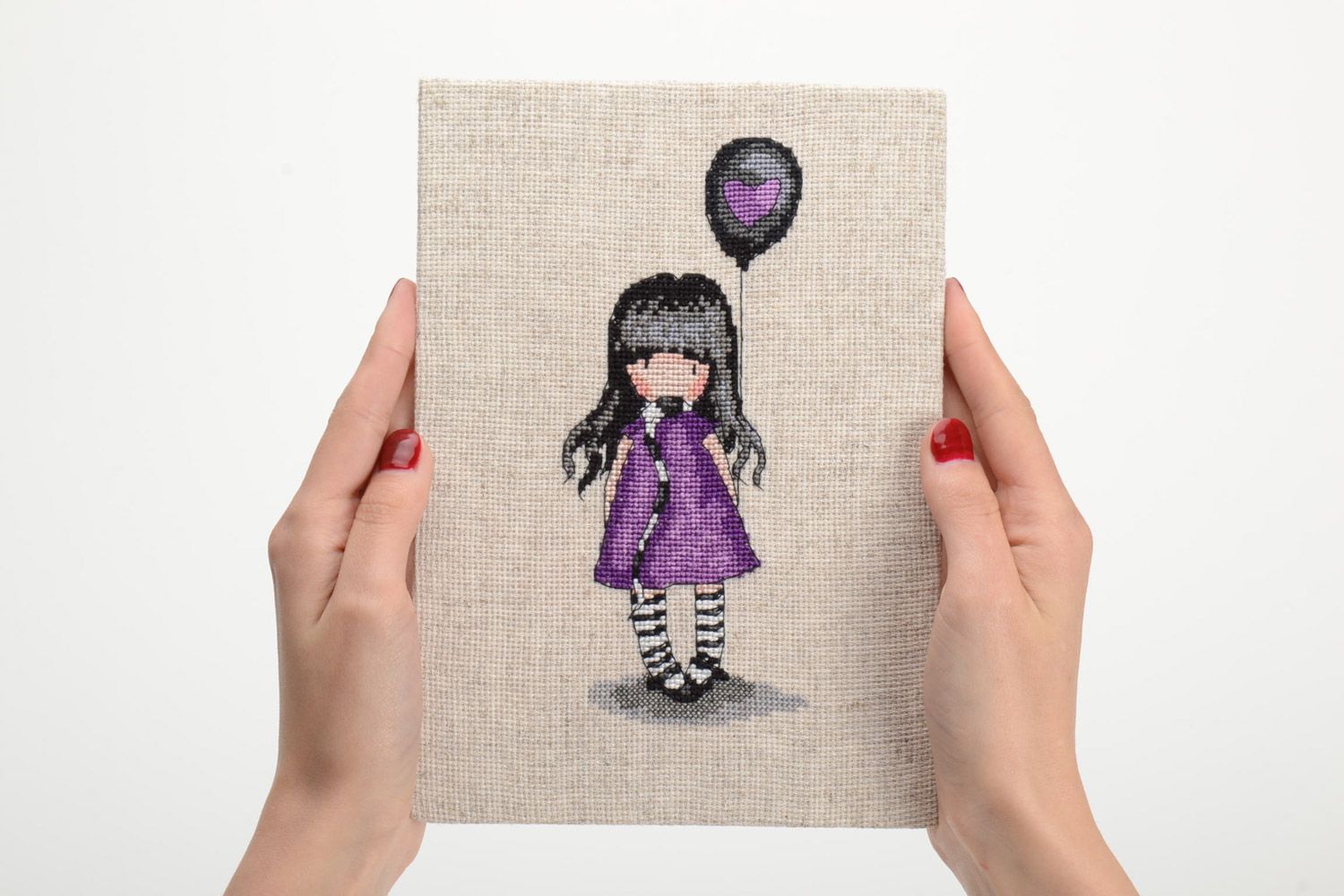 Handmade small embroidered wall picture Girl in violet dress with balloon photo 5