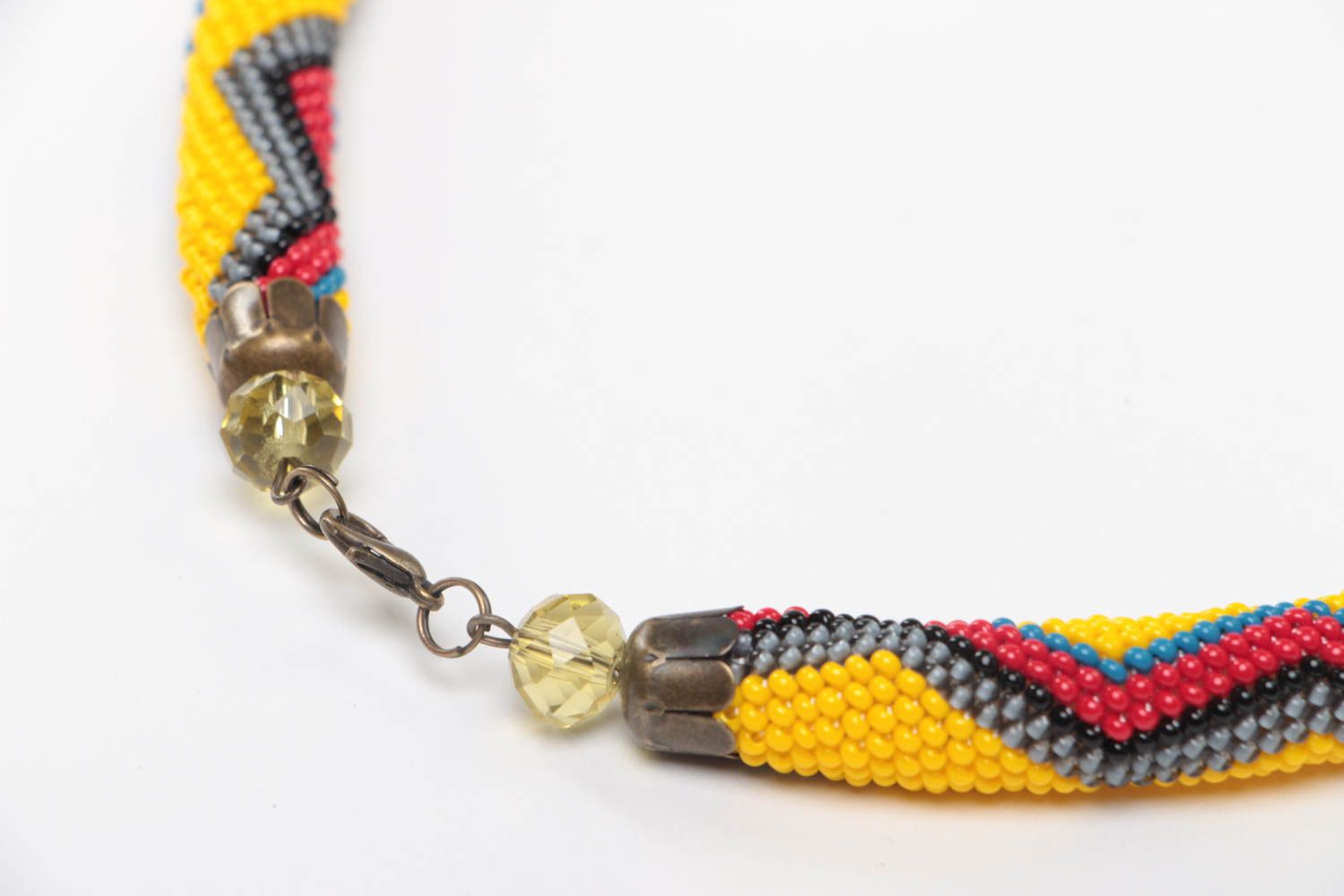 Handmade short beaded cord necklace with yellow and pink geometric ornament photo 4
