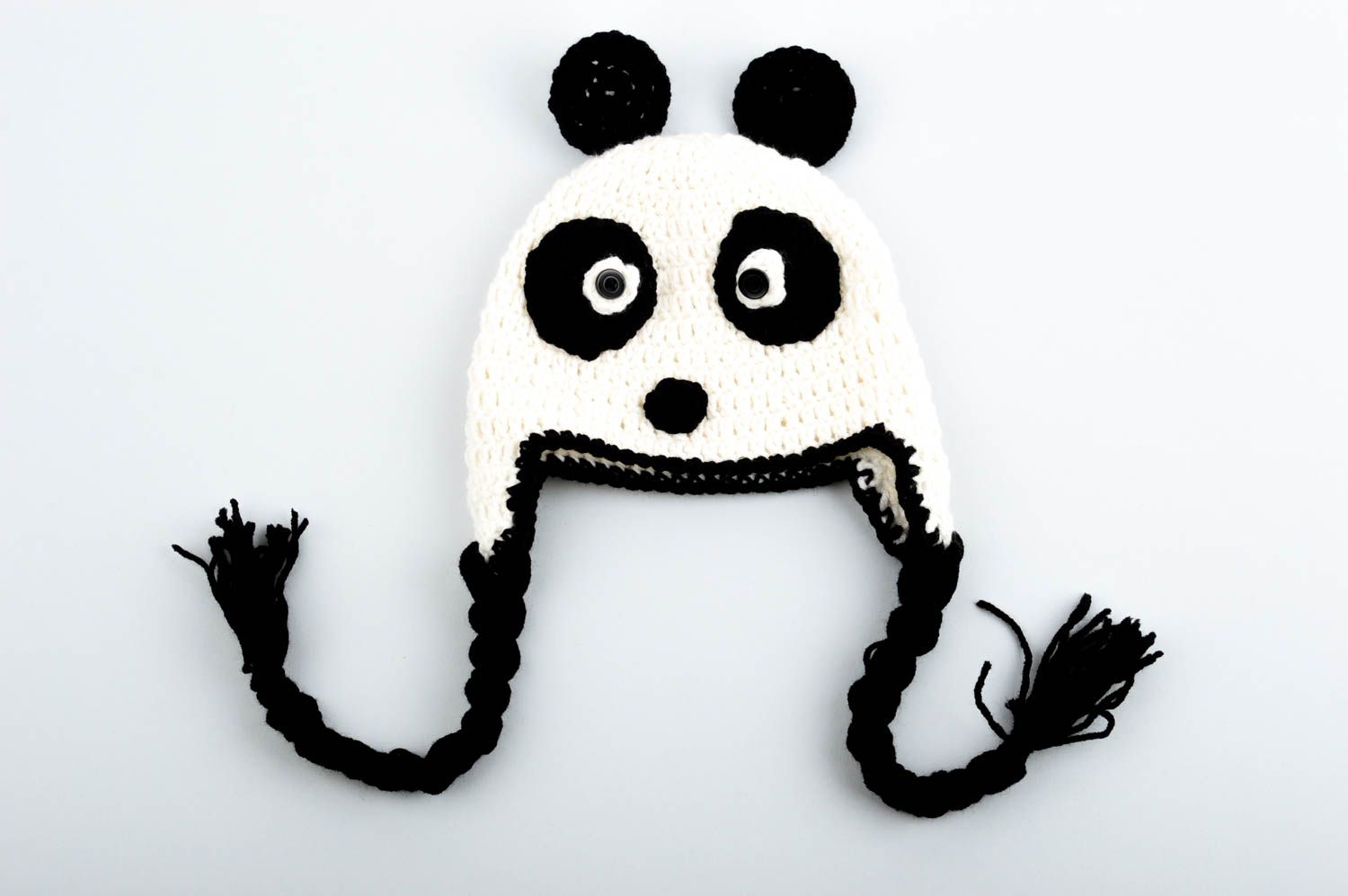 Bonnet panda fait main Vêtement enfant tricoté avec cordelettes Cadeau original photo 1