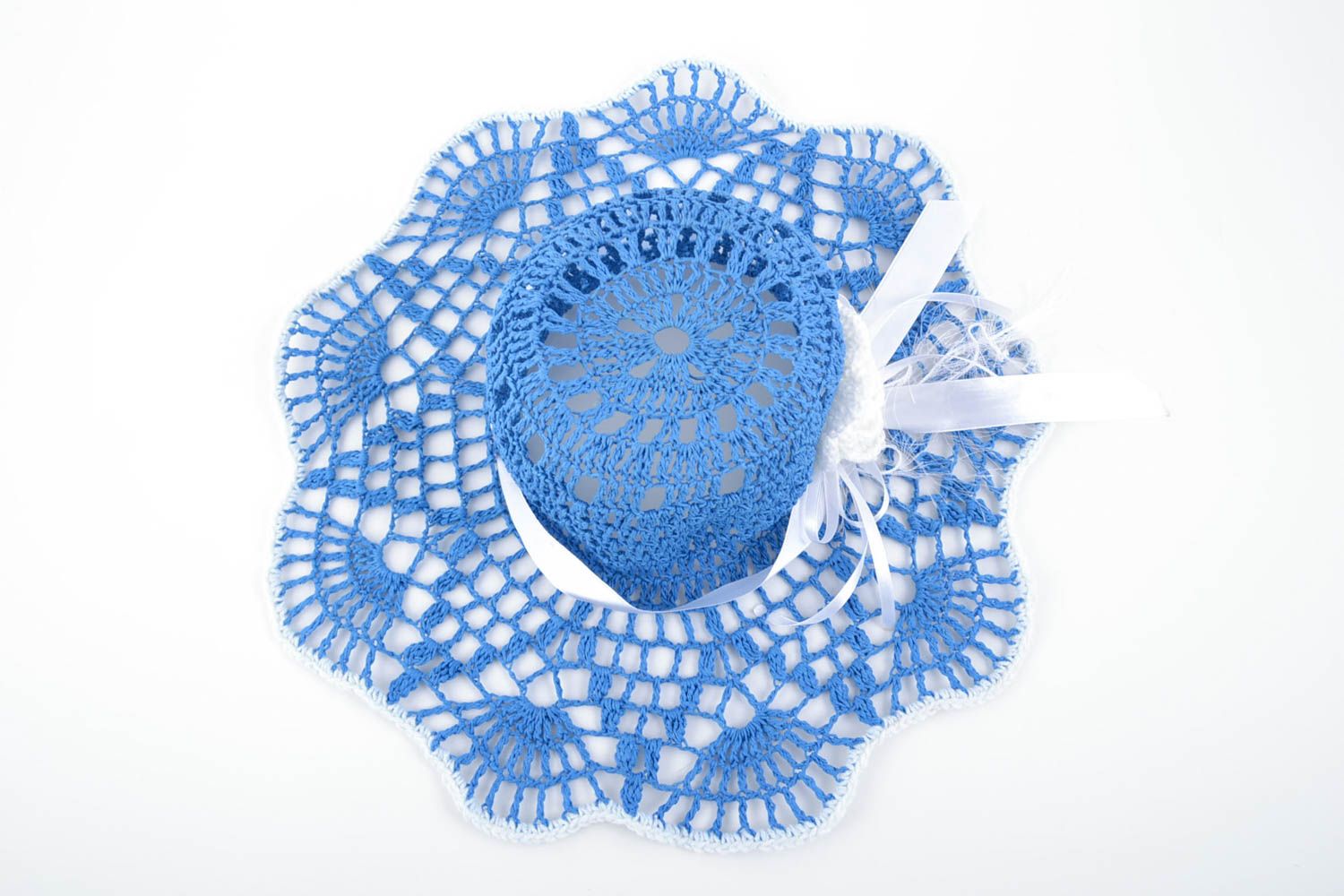 Handmade designer crocheted lacy summer hat blue and white for women photo 4