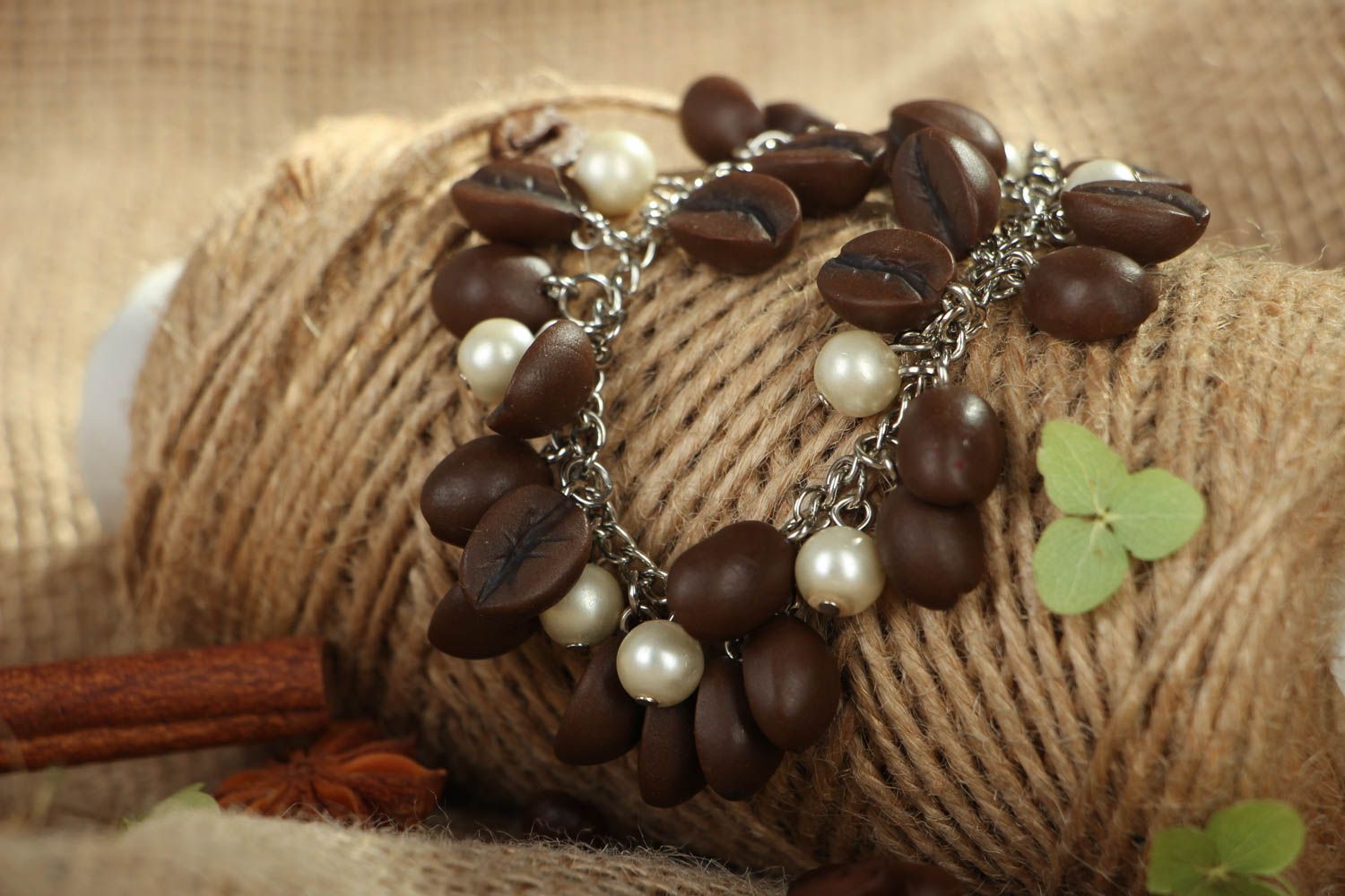Coffee grains/ beans and pearls charm bracelet for girls photo 4