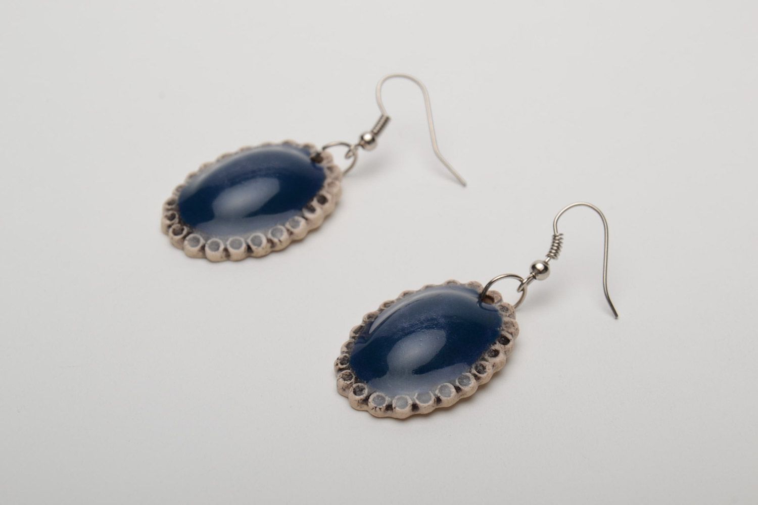 Handmade oval ceramic dangle earrings coated with blue enamel for women photo 3