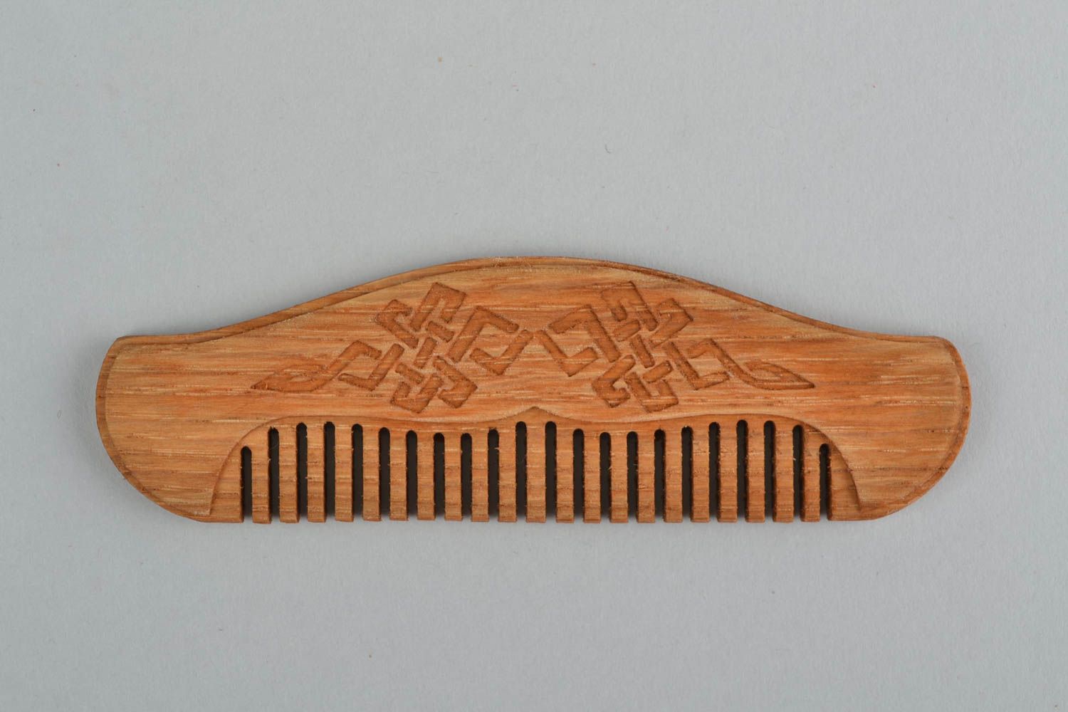 Handmade comb for beard and mustache made of oak wood with carved ornament photo 1