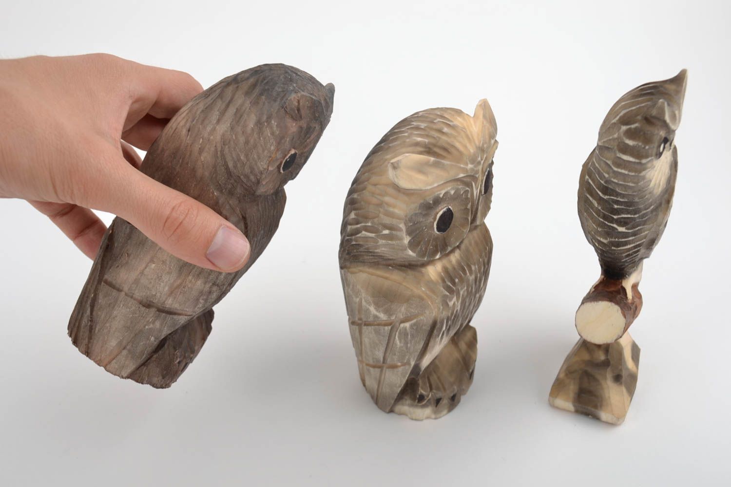Set of owl figurines carved of wood 3 pieces handmade home interior decor photo 2